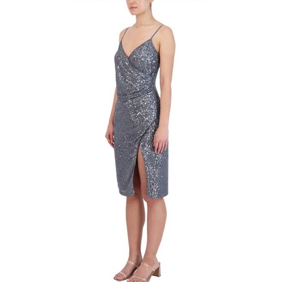 BCBG Generation Gunmetal Sequin V Neck Ruched Holiday Dress - M - Picture 4 of 8